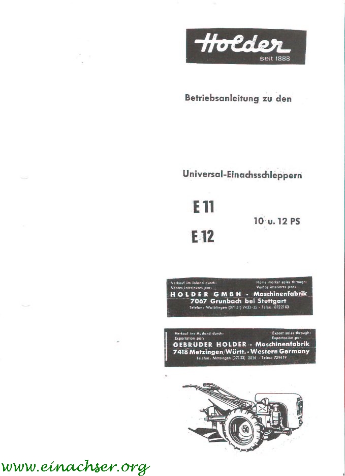 Holder E11 E12 Einachsschlepper Betriebsanleitung Bedienungsanleitung 1968 